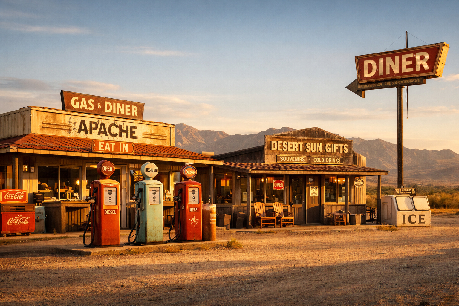  Image of a lone gas station in the desert, with a diner and gift shop.