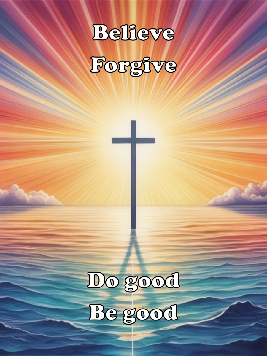 Believe, Forgive, Do Good, Be Good words on image with a cross, setting sun behind, ocean, and rainbow colors