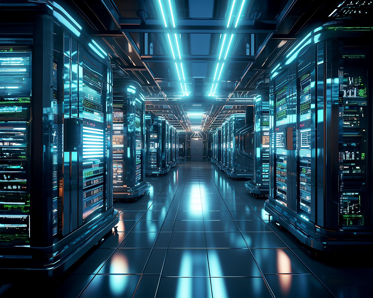 cloud storage center with rows and rows of servers.