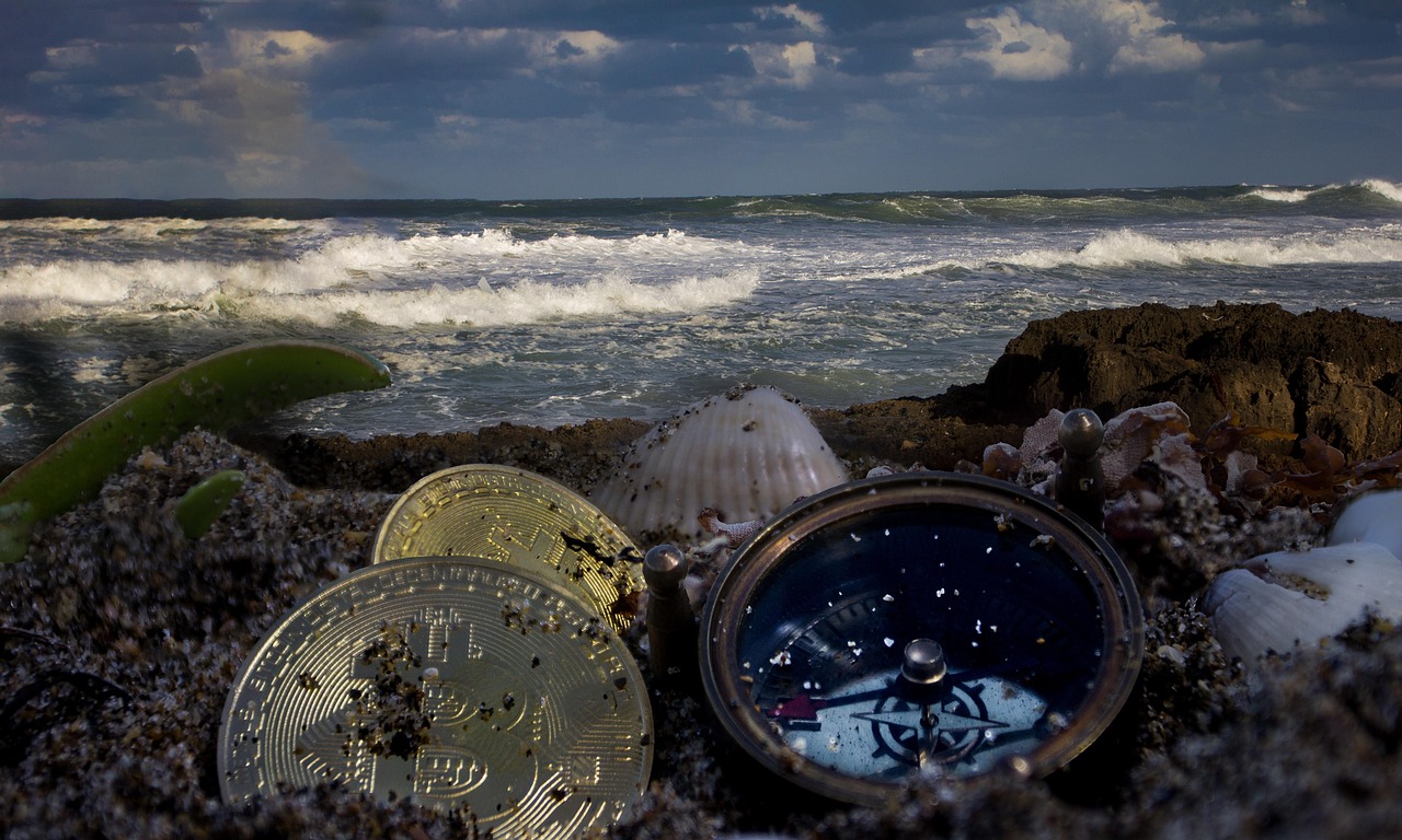 Image of dirty cryptocurrency on the beach, with waves crashing on the rocks.