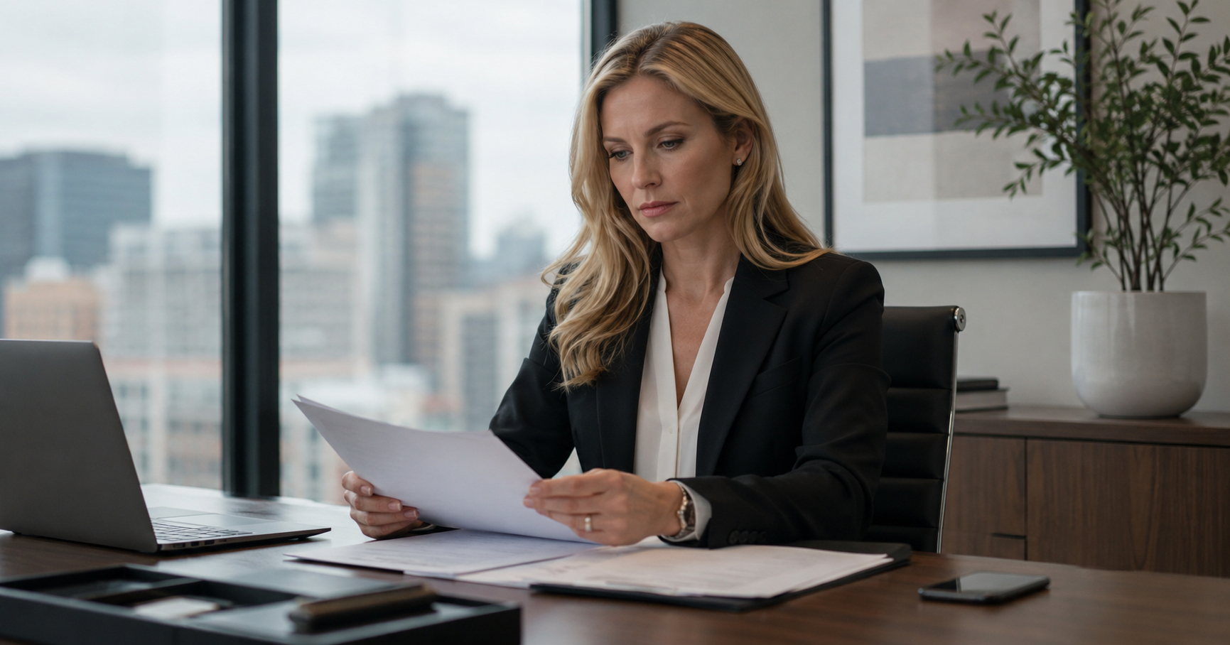  Image of a professional woman working at her desk in the executive offices.