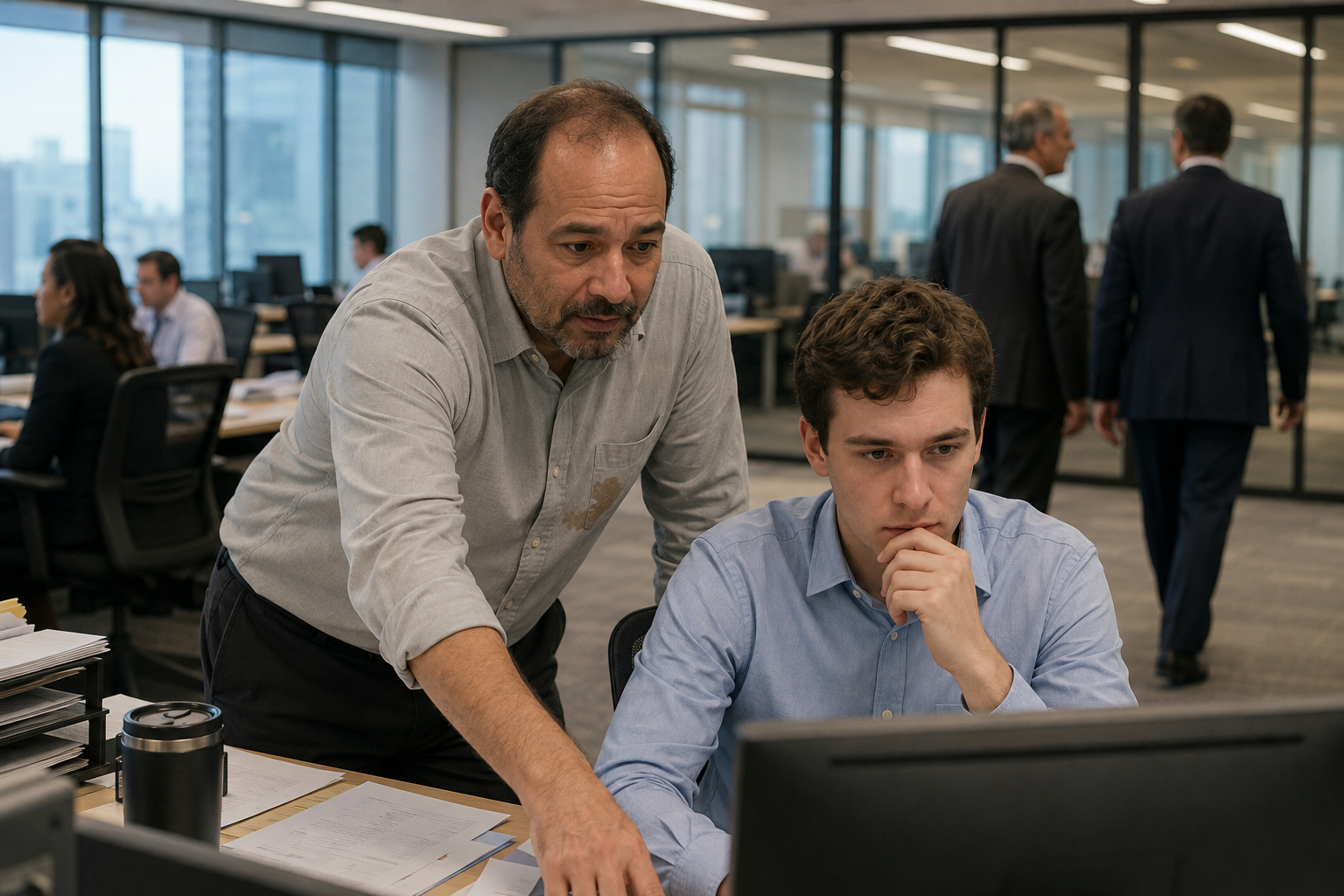 A man helping a new employee with the tasks on the computer in a business office setting