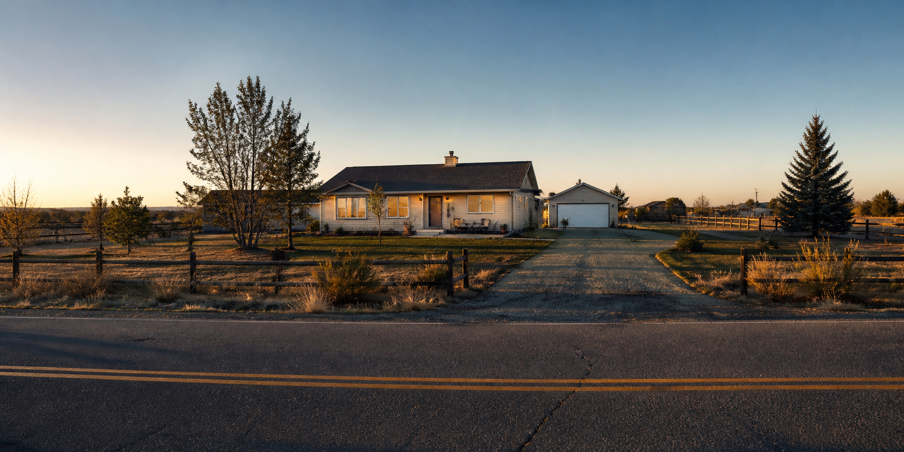 Ranch style home just outside of town, long driveway and double car detached garage