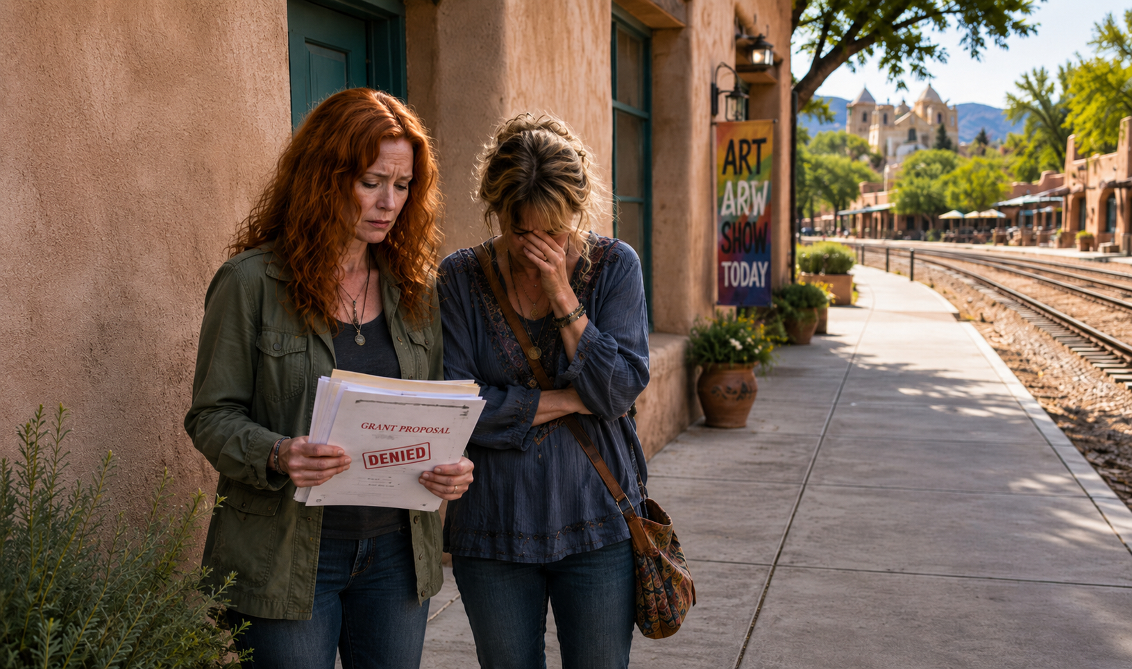 Image of two upset women, on a sidewalk, next to the railroad track, with Santa Fe style buildings.