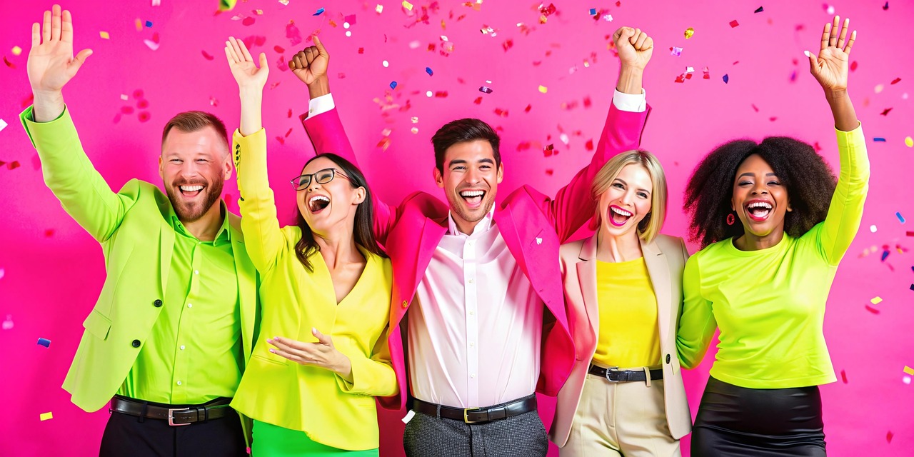 Happy people dancing and partying with confetti falling, pink wall in back background.
