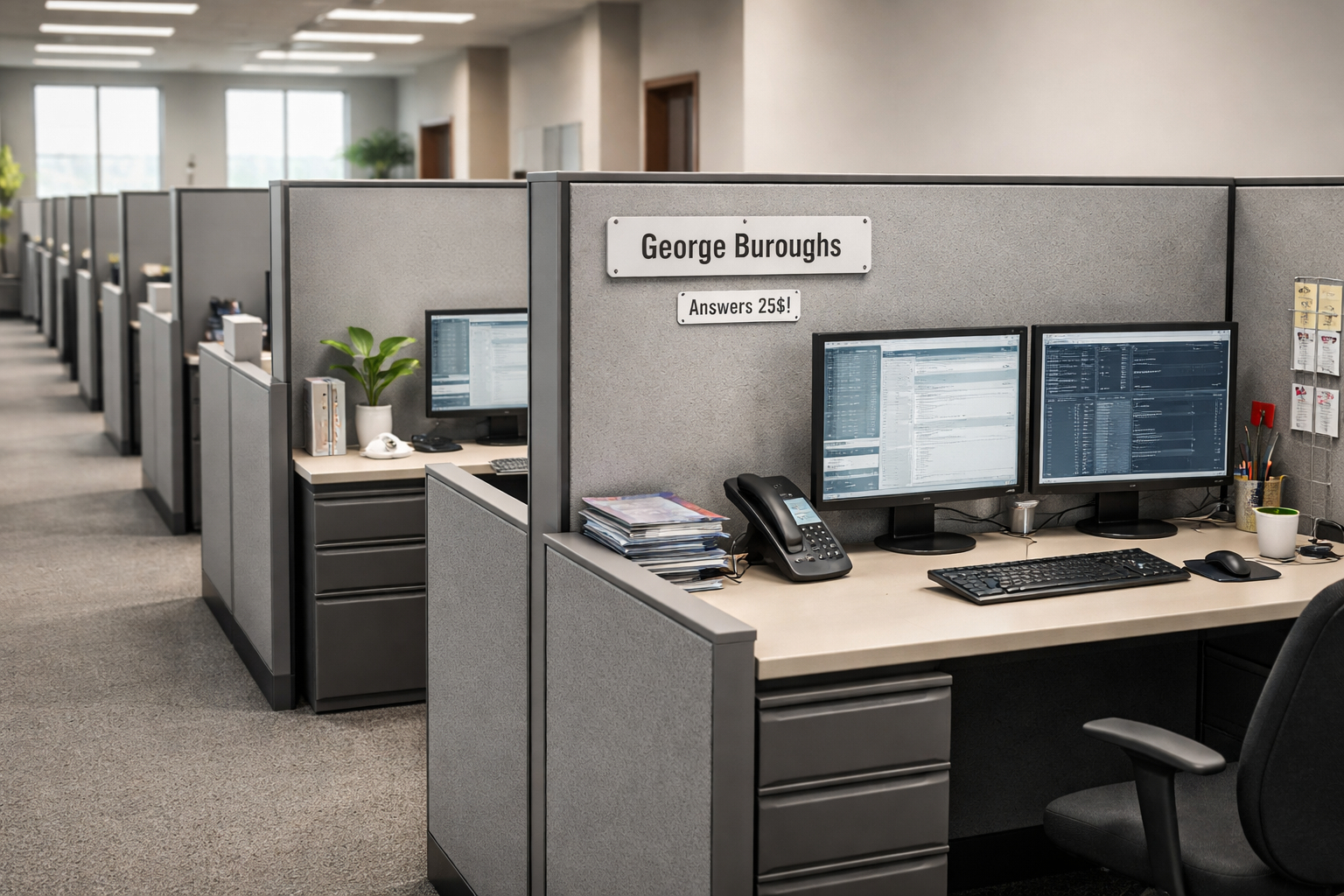  Image of an office row of cubicle, with focus on George Burroughs' cubicle.